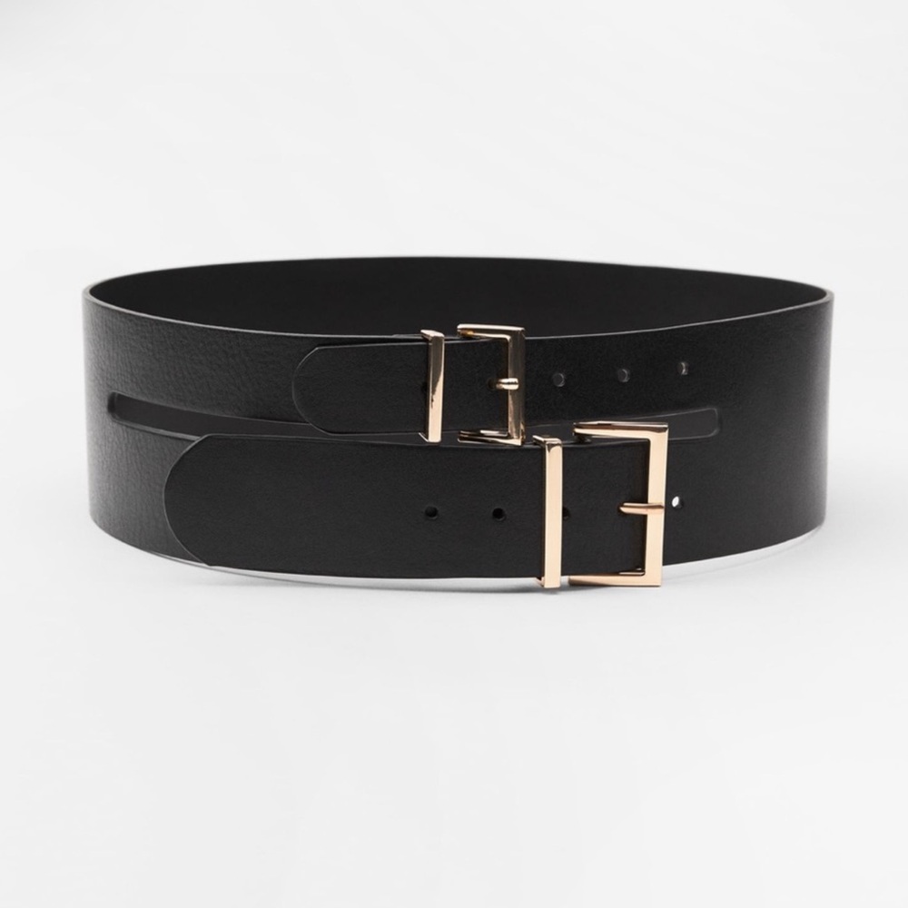 NWT Zara Wide Sash Belt Doble Buckle in 100% Leather - Black